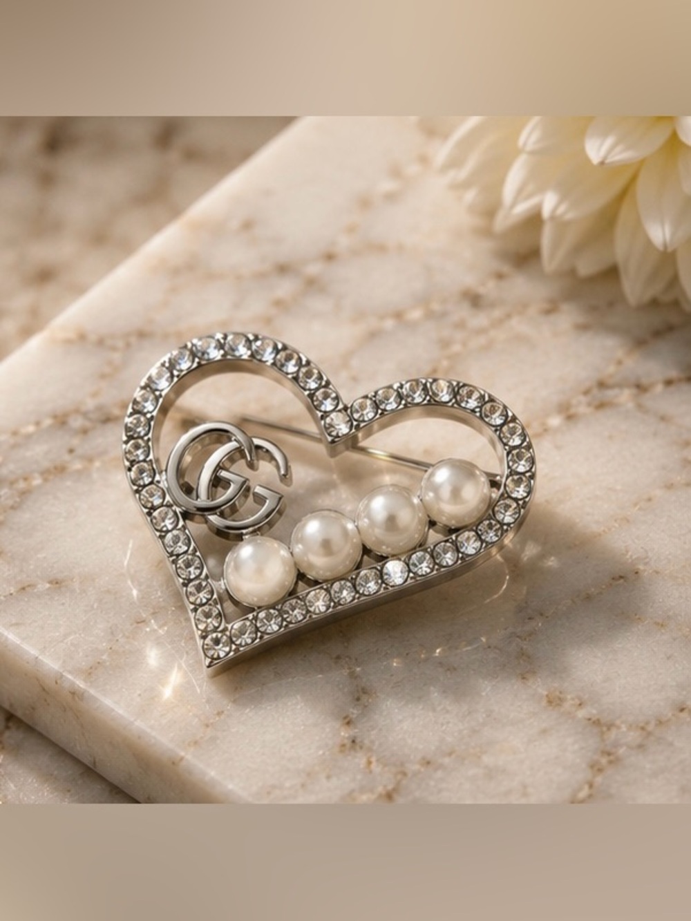 Silver Tone Heart Pearl Crystal Statement Brooch Pin